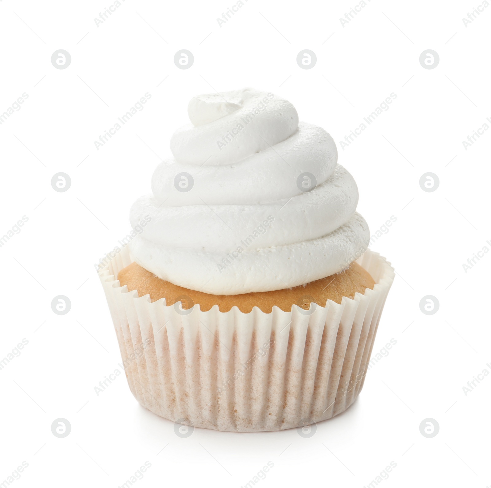 Photo of Tasty cupcake with frosting isolated on white