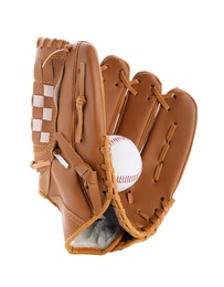 Photo of Leather baseball glove with ball on white background