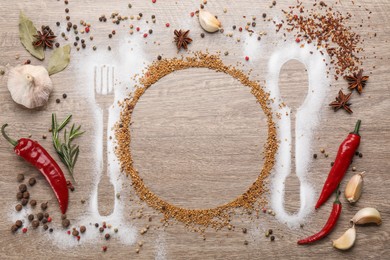 Photo of Beautiful flat lay composition with different spices, silhouettes of cutlery and plate on wooden background. Space for text