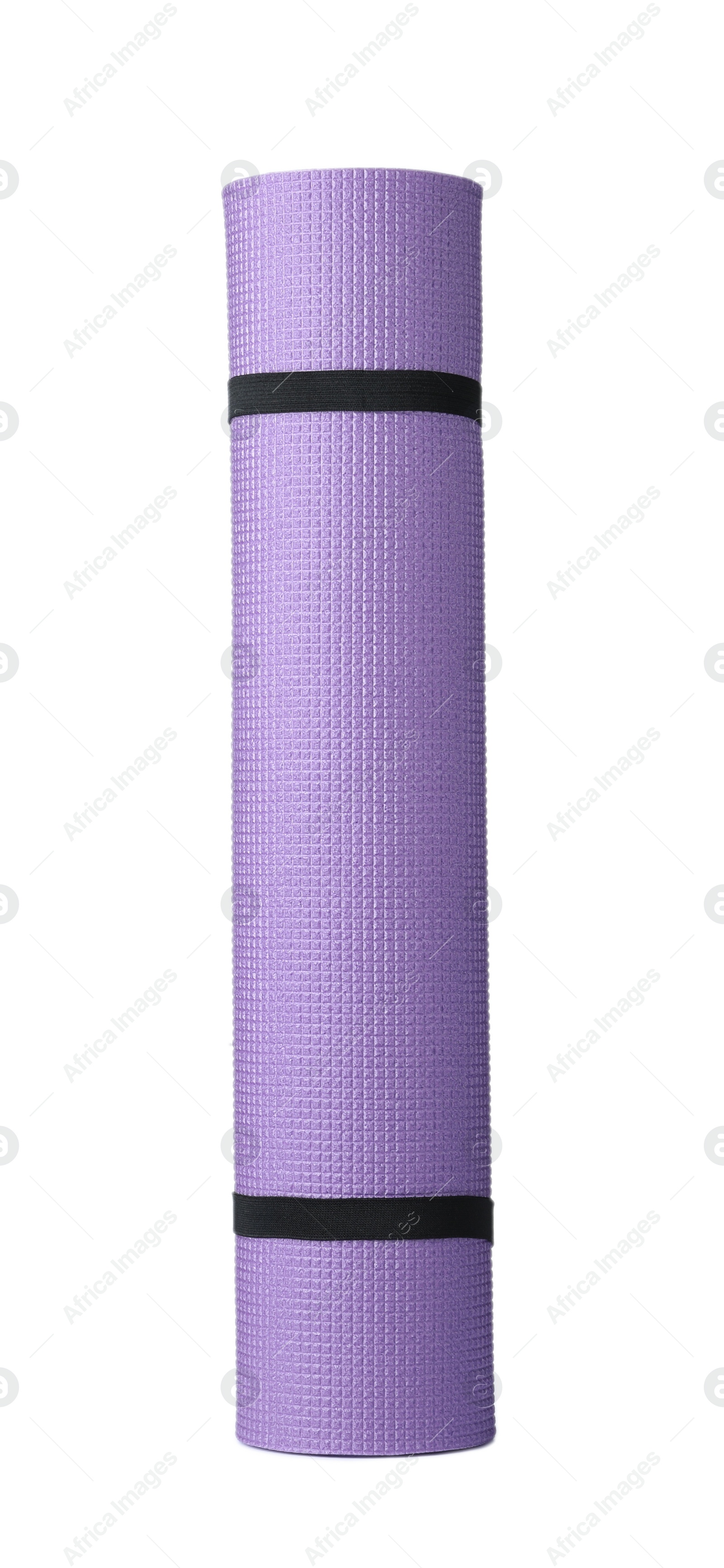 Photo of Rolled violet camping mat isolated on white