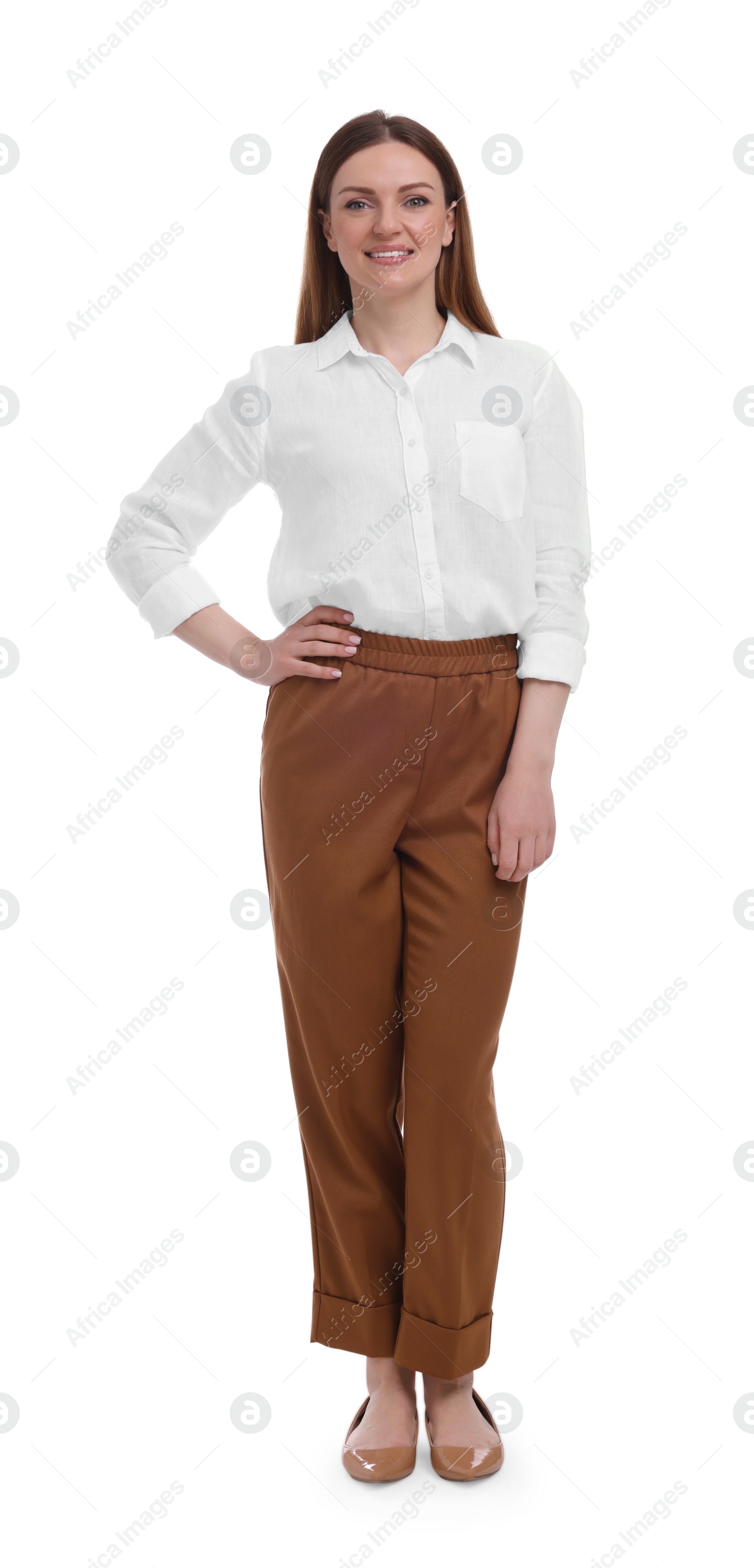 Photo of Beautiful happy businesswoman posing on white background