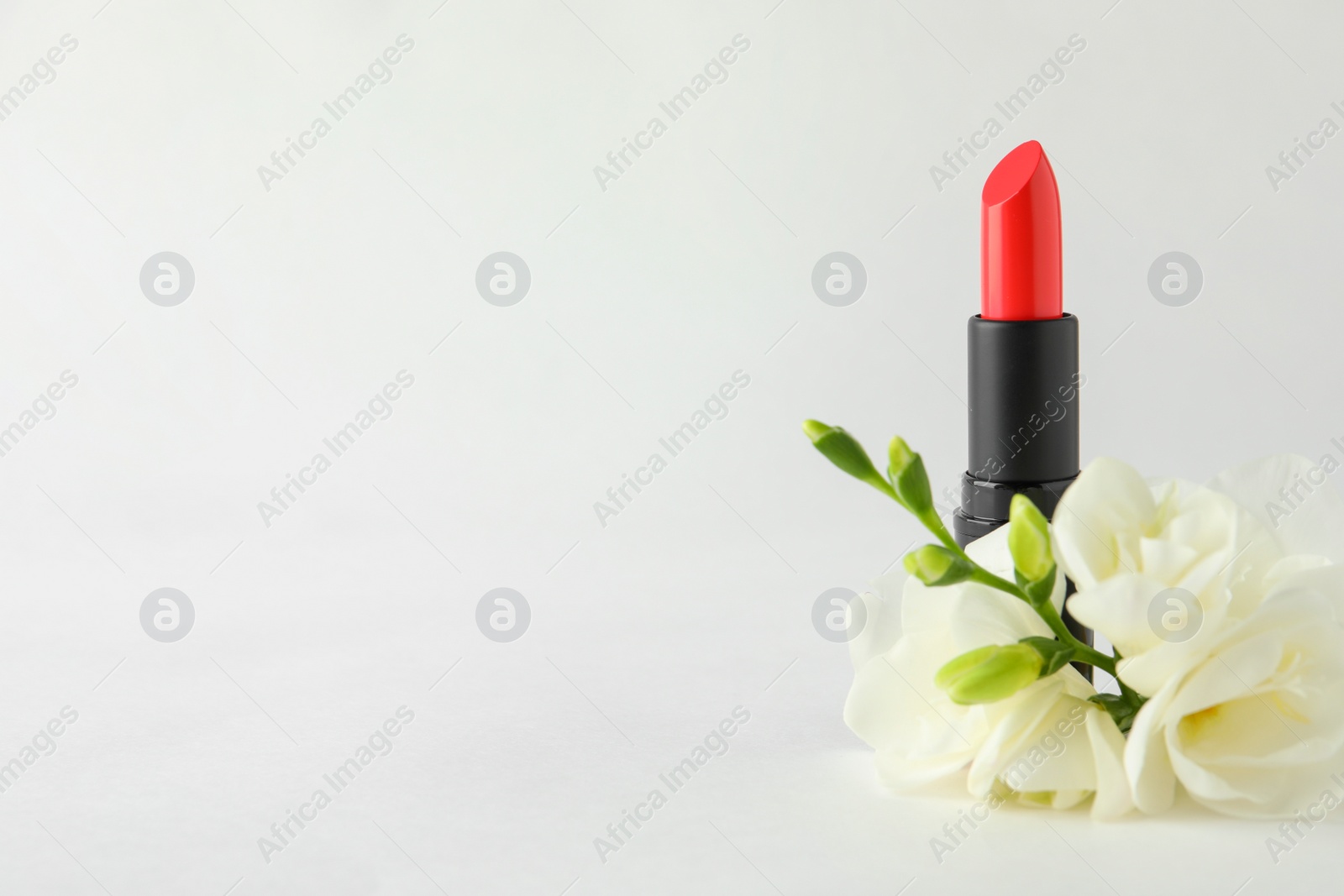 Photo of Beautiful lipstick and flowers on white background, space for text