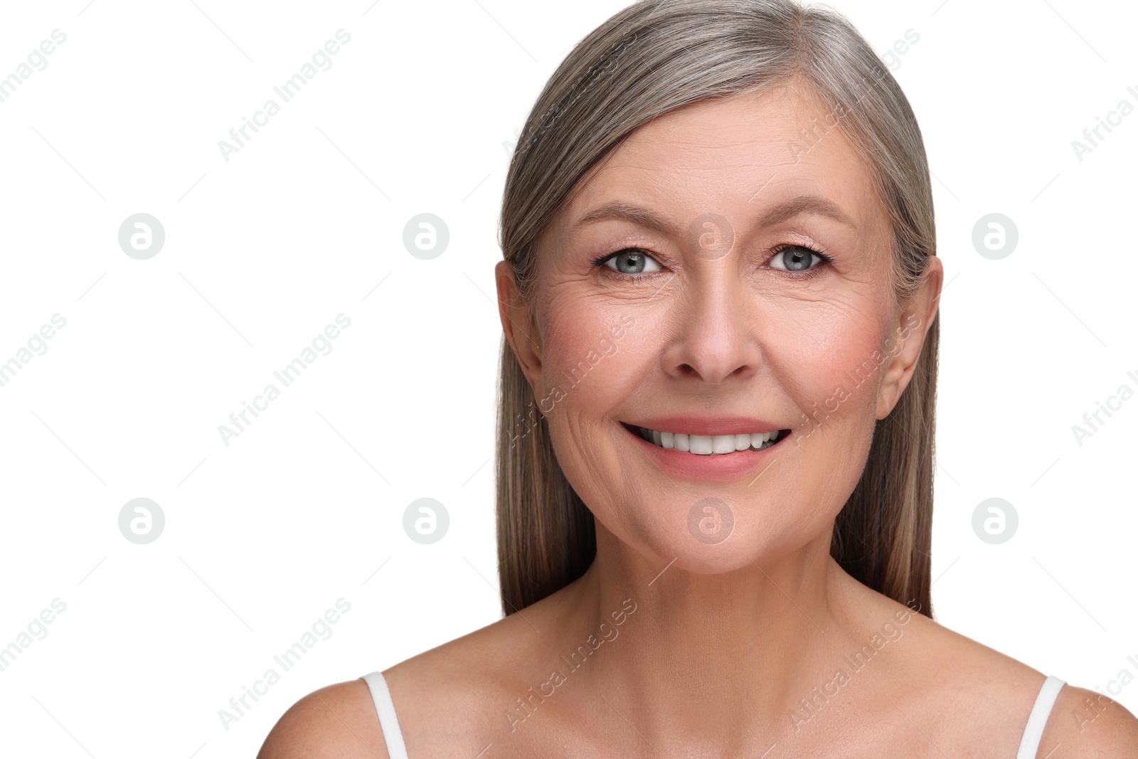 Photo of Beautiful mature woman with healthy skin on white background