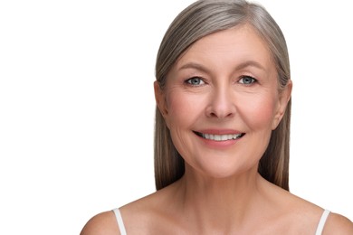 Photo of Beautiful mature woman with healthy skin on white background