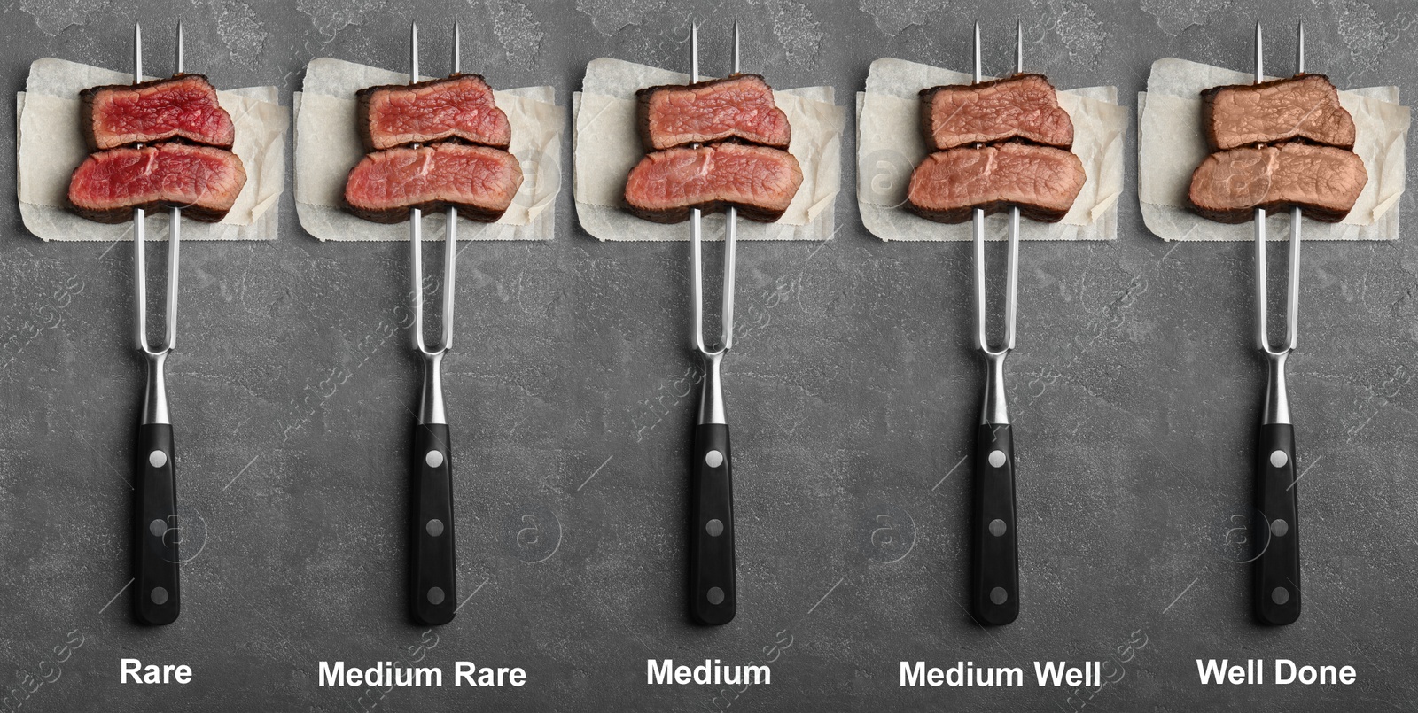 Image of Delicious sliced beef tenderloins with different degrees of doneness on grey background, top view. Banner design