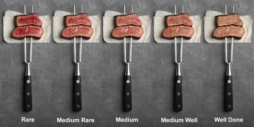Image of Delicious sliced beef tenderloins with different degrees of doneness on grey background, top view. Banner design