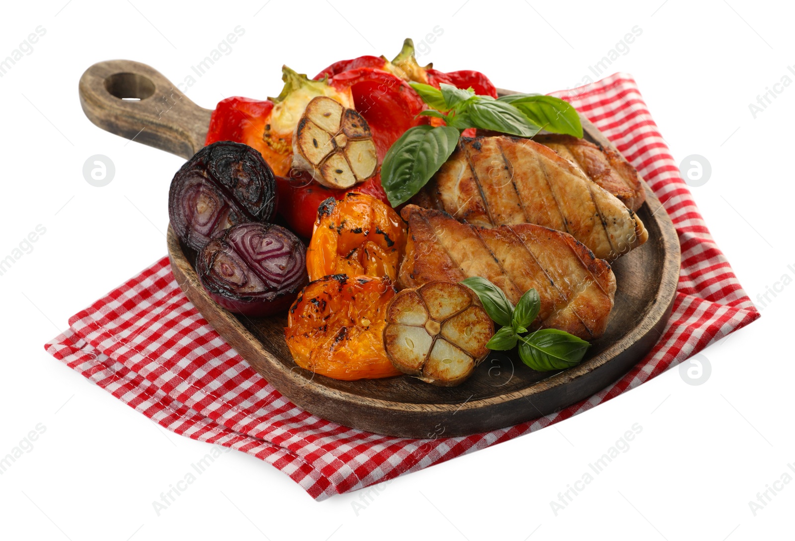 Photo of Board with tasty grilled vegetables, meat and basil isolated on white