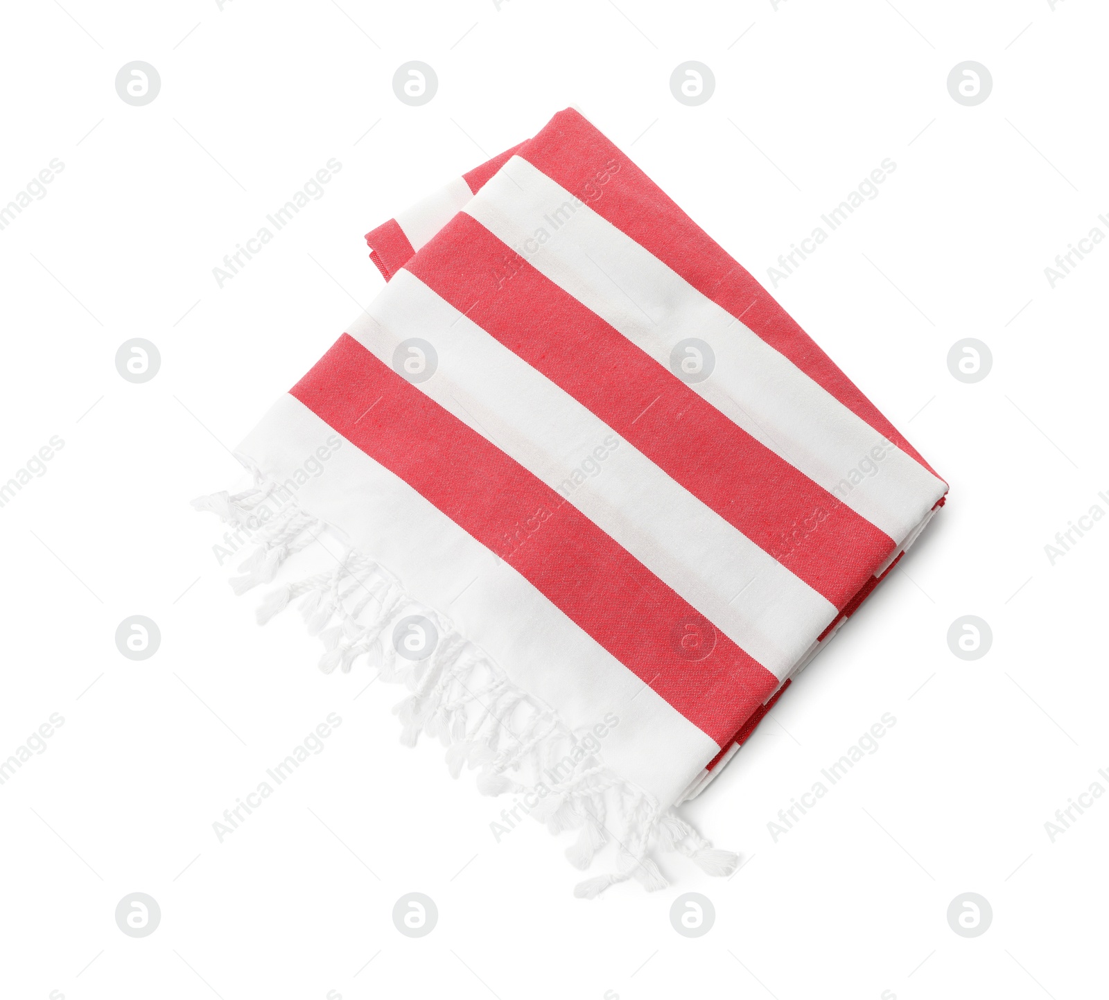 Photo of Folded striped beach towel isolated on white, top view