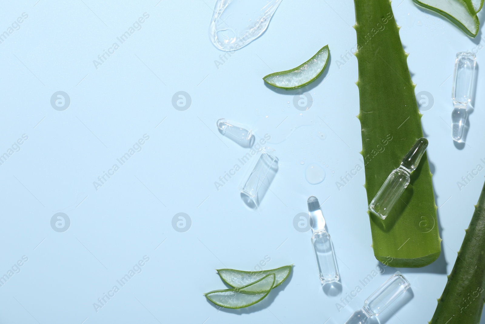 Photo of Flat lay composition with skincare ampoules and aloe leaves on light blue background. Space for text