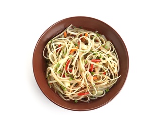 Photo of Plate of delicious noodles with broth and vegetables isolated on white, top view