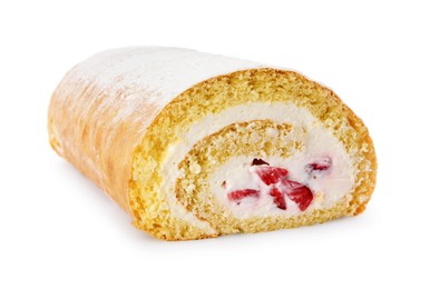 Photo of Delicious sponge cake roll with strawberries and cream on white background