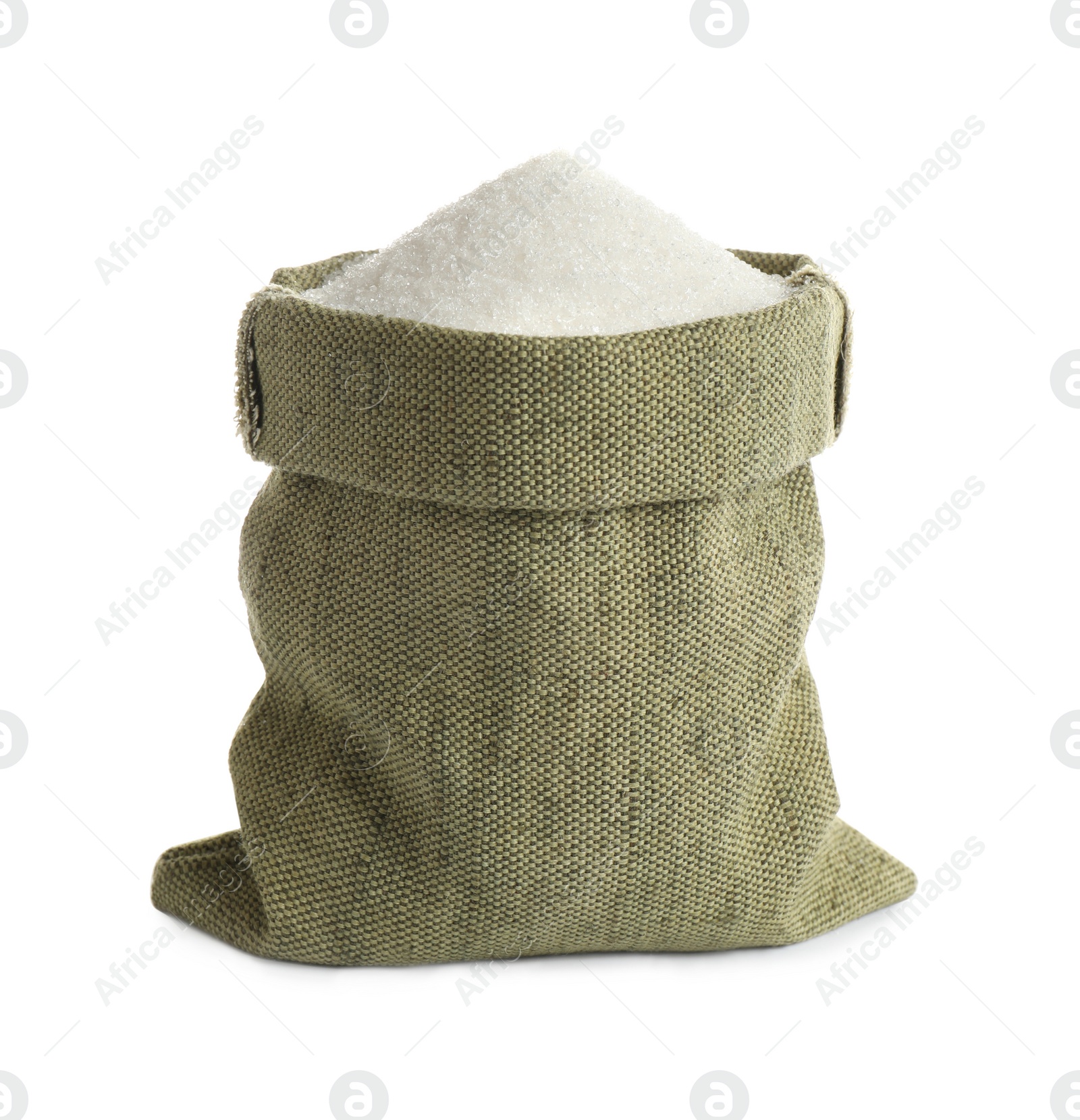 Photo of Sack with granulated sugar isolated on white