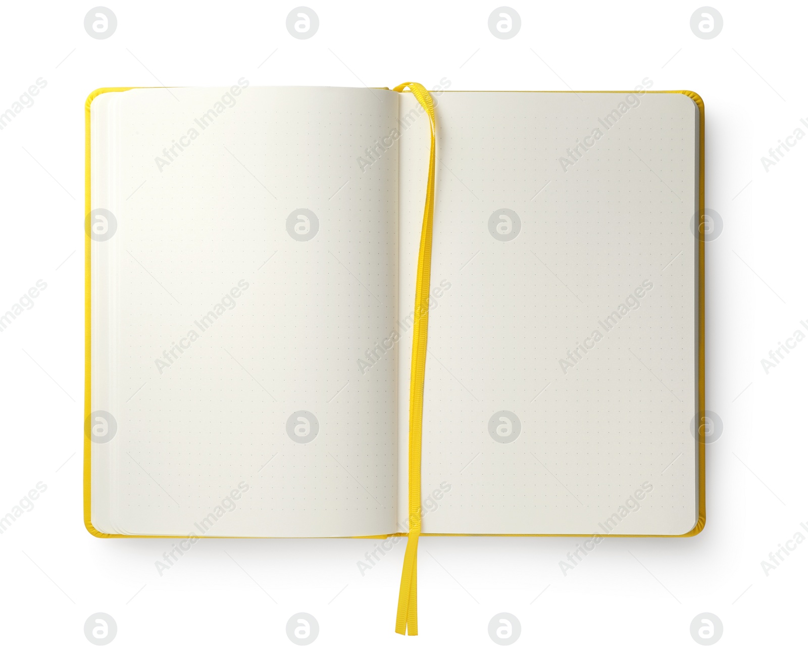 Photo of Open blank yellow notebook isolated on white, top view