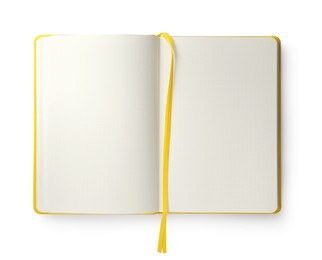 Photo of Open blank yellow notebook isolated on white, top view