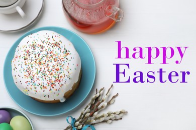 Image of Happy holiday. Easter cake served on white wooden table, flat lay