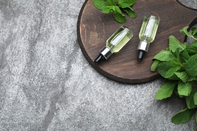 Photo of Bottles of essential oil and mint on grey table, top view. Space for text