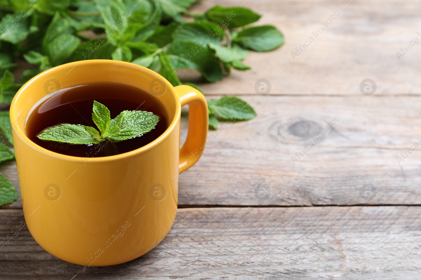 Photo of Cup with hot aromatic mint tea on wooden table, space for text