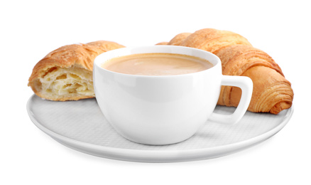 Fresh croissants and coffee on white background