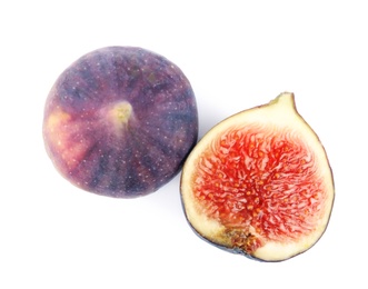 Photo of Tasty fresh fig fruits on white background, top view