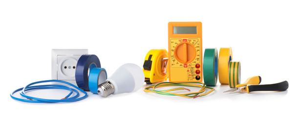 Image of Set of electrician's tools and equipment on white background, banner design