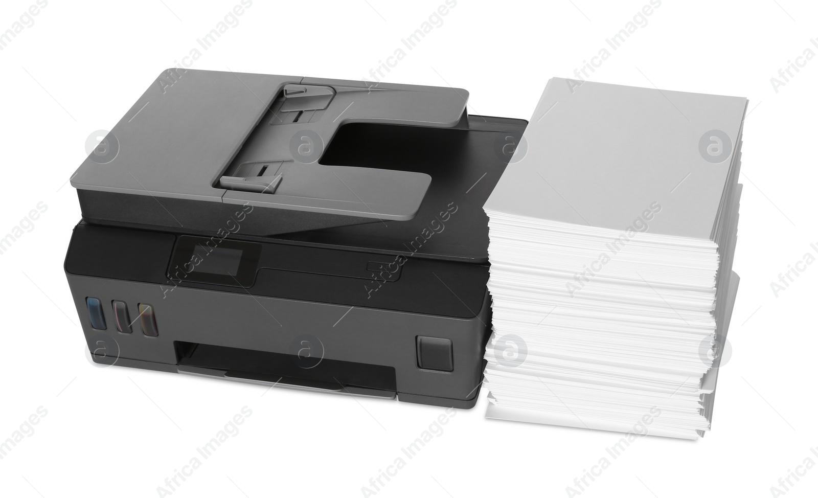 Photo of Modern printer and stack of paper on white background