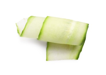 Photo of Slice of fresh cucumber isolated on white, top view