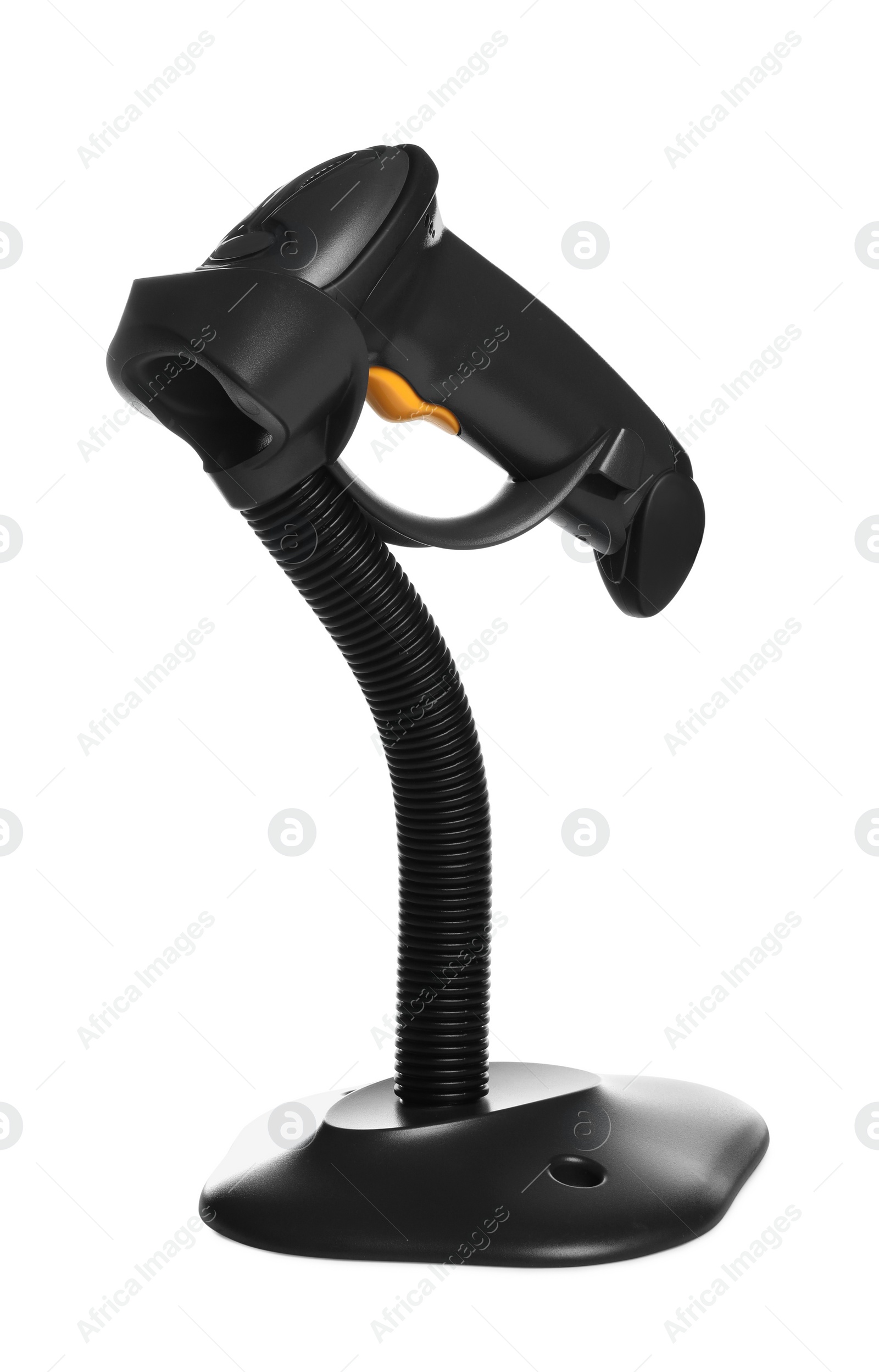 Photo of Stand with barcode scanner isolated on white