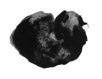 Photo of Blot of black watercolor paint isolated on white, top view