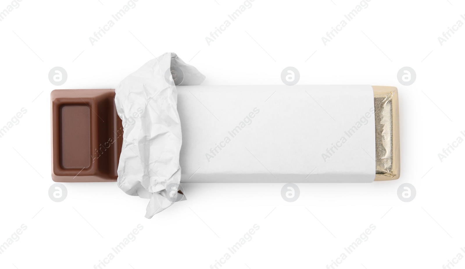 Photo of Tasty chocolate bar in package isolated on white, top view