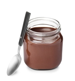 Photo of Glass jar with tasty chocolate cream and spoon isolated on white