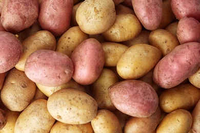 Fresh ripe organic potatoes as background, top view