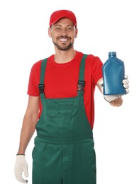 Photo of Man holding blue container of motor oil on white background