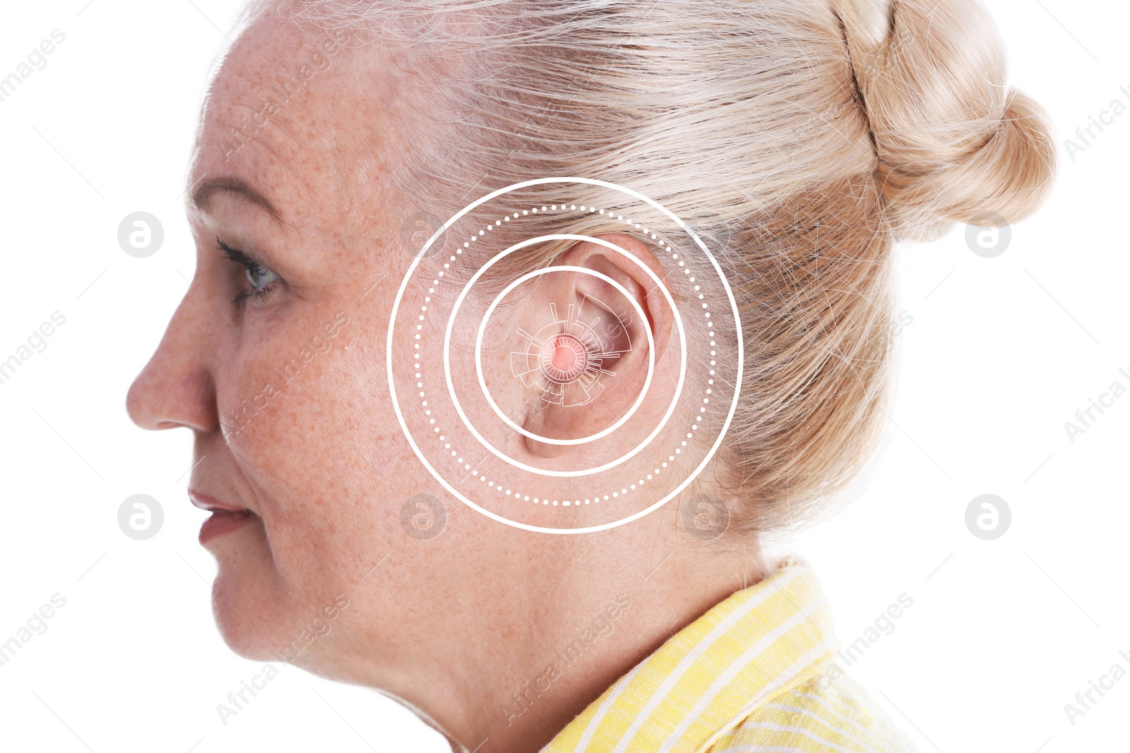 Image of Mature woman with hearing problem  on white background, closeup