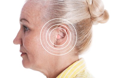 Image of Mature woman with hearing problem  on white background, closeup