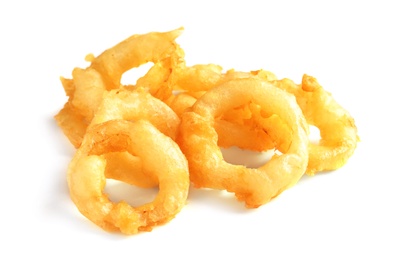 Photo of Delicious golden breaded and deep fried crispy onion rings on white background