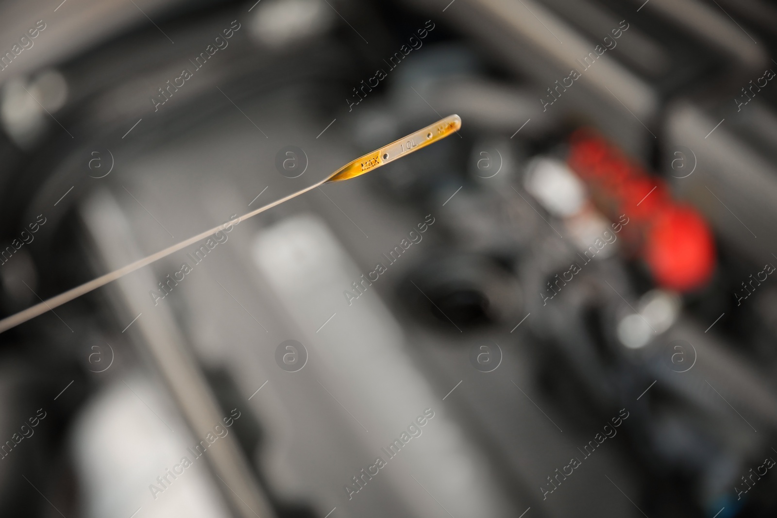 Photo of Checking car engine oil level with dipstick, closeup
