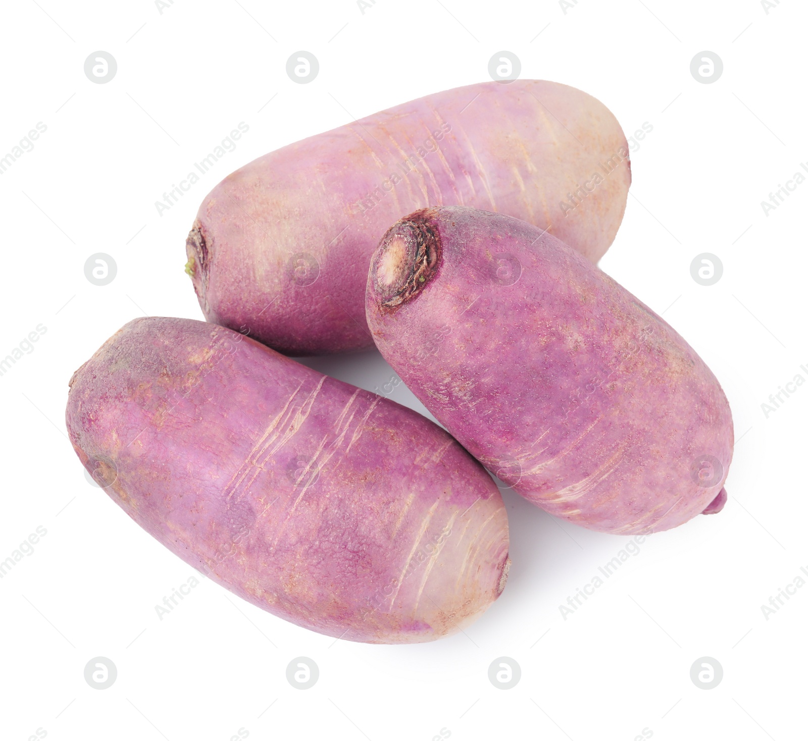 Photo of Ripe purple daikon radishes isolated on white, top view