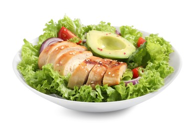 Photo of Delicious salad with chicken, avocado and vegetables in bowl isolated on white