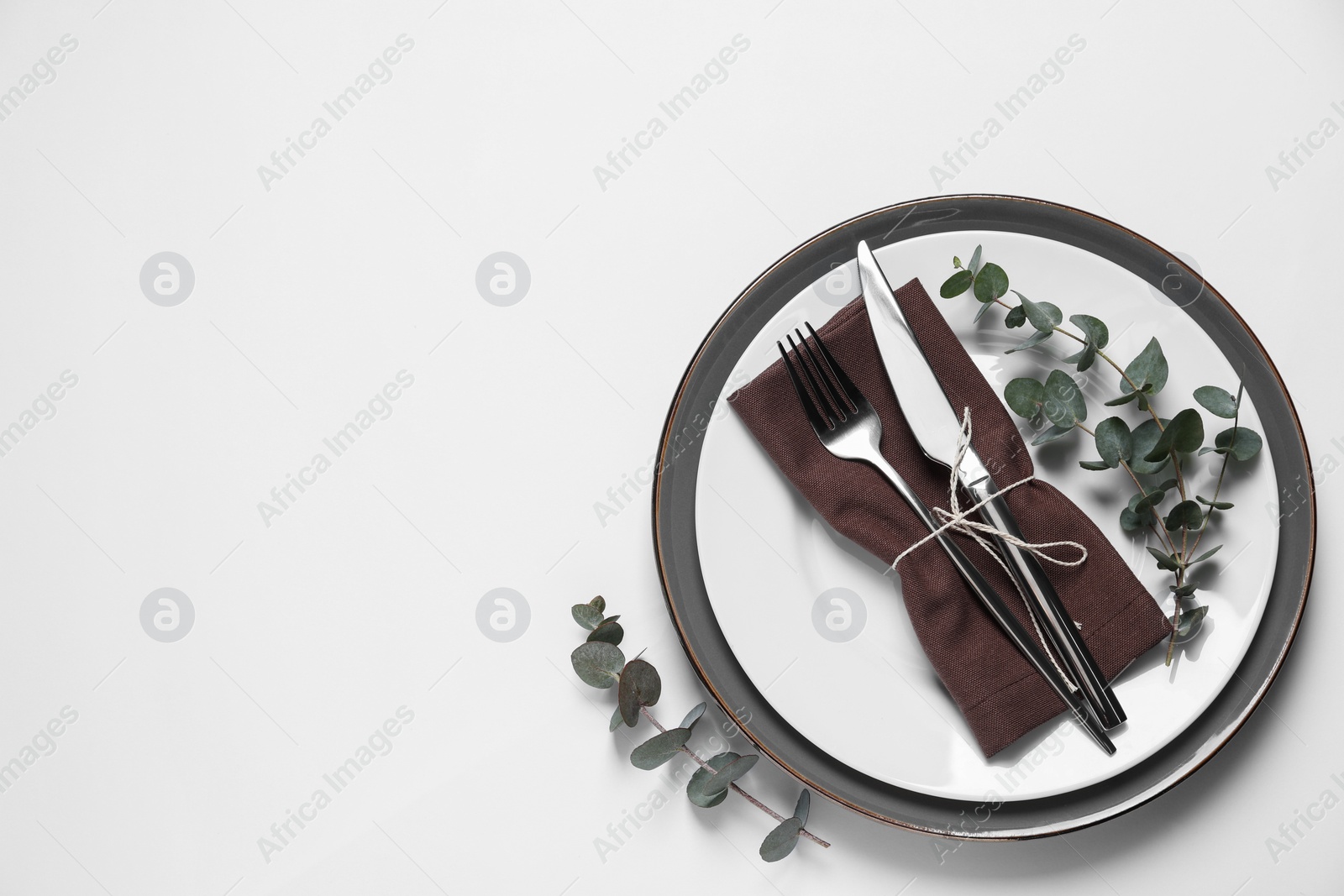 Photo of Stylish setting with cutlery and eucalyptus leaves on white background, top view. Space for text