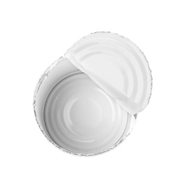 Empty aluminum can on white background, top view. Metal waste recycling