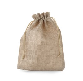 Photo of One tied burlap bag isolated on white