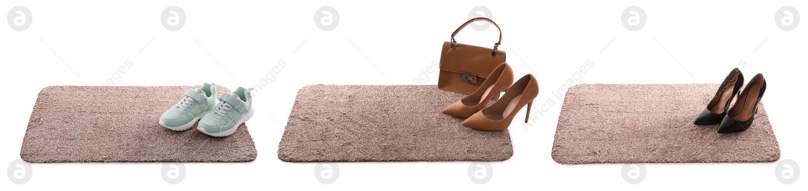 Image of Set with door mats and different shoes on white background. Banner design