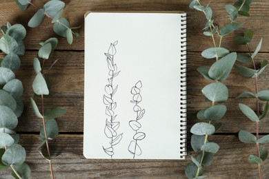 Photo of Beautiful drawing and eucalyptus branches in sketchbook on wooden table, flat lay