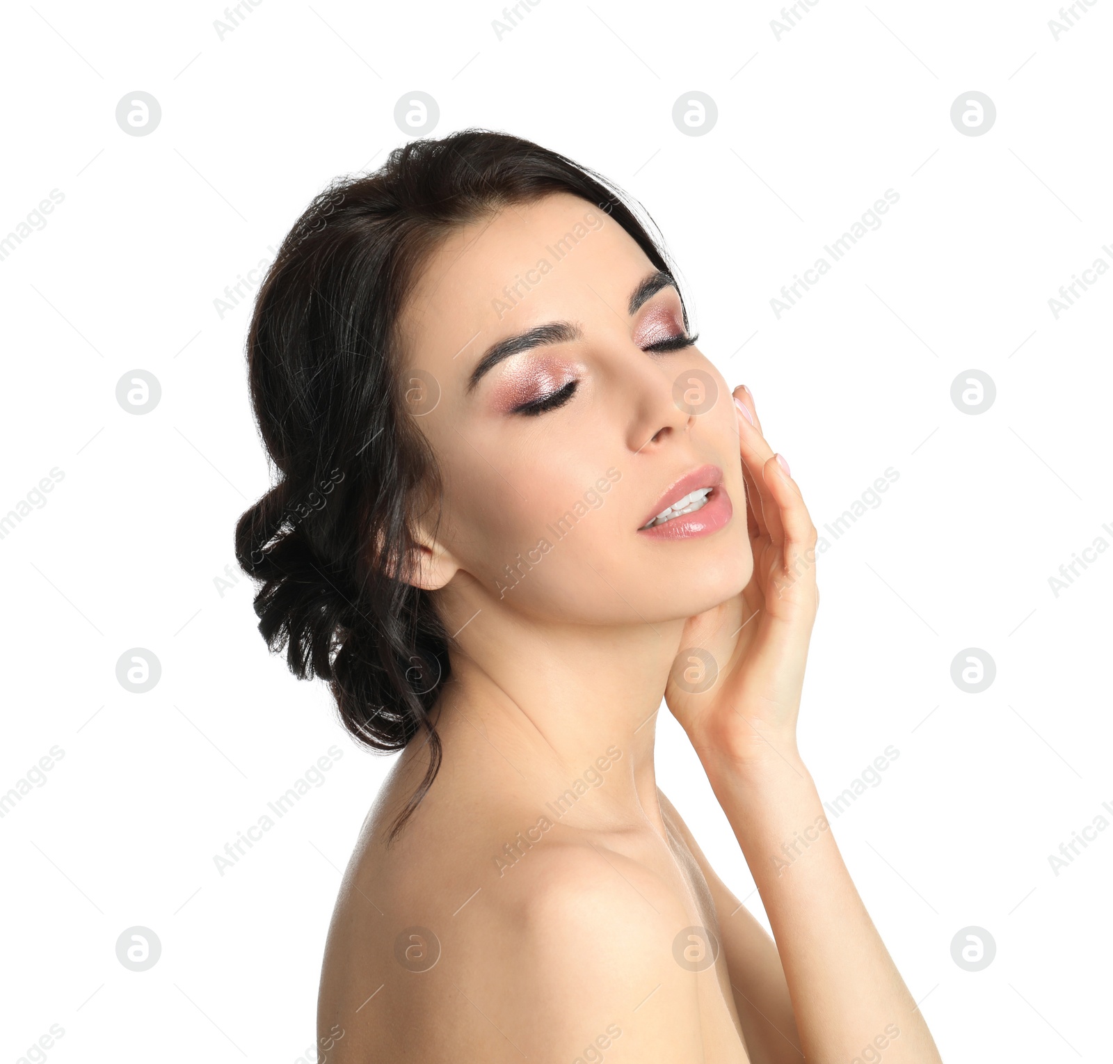 Photo of Portrait of young woman with beautiful hair on white background