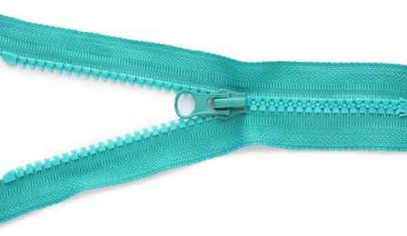 Photo of Turquoise zipper on white background, top view