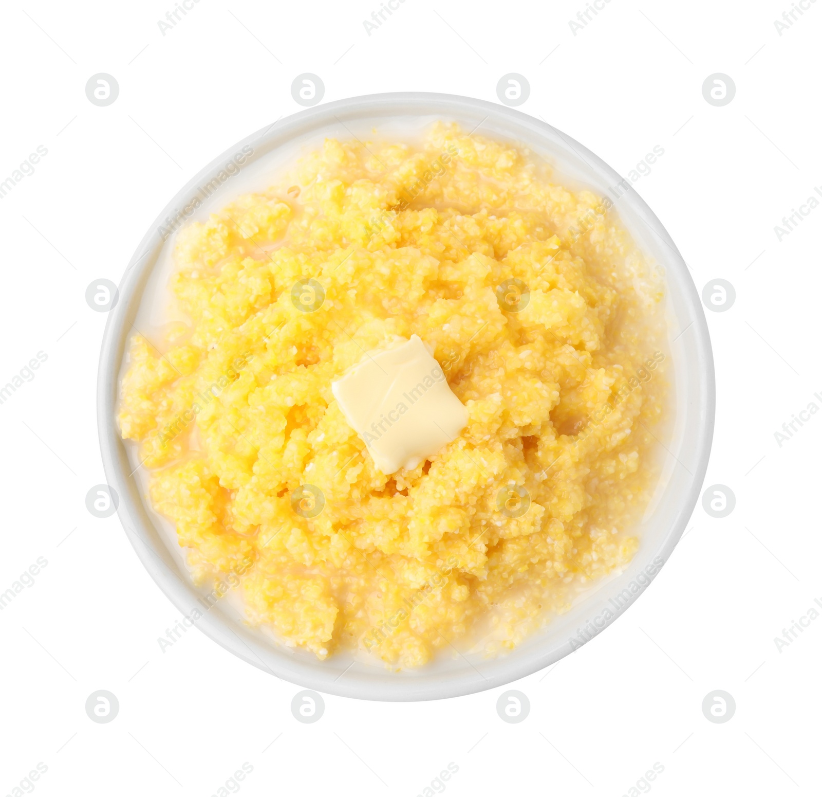 Photo of Tasty cornmeal with butter in bowl isolated on white, top view