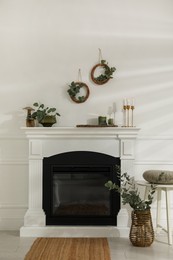 Stylish room with beautiful fireplace and eucalyptus branches