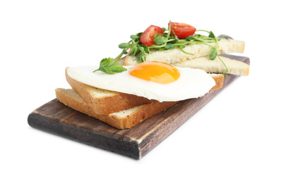 Photo of Tasty fried egg with bread, tomato and sprouts isolated on white