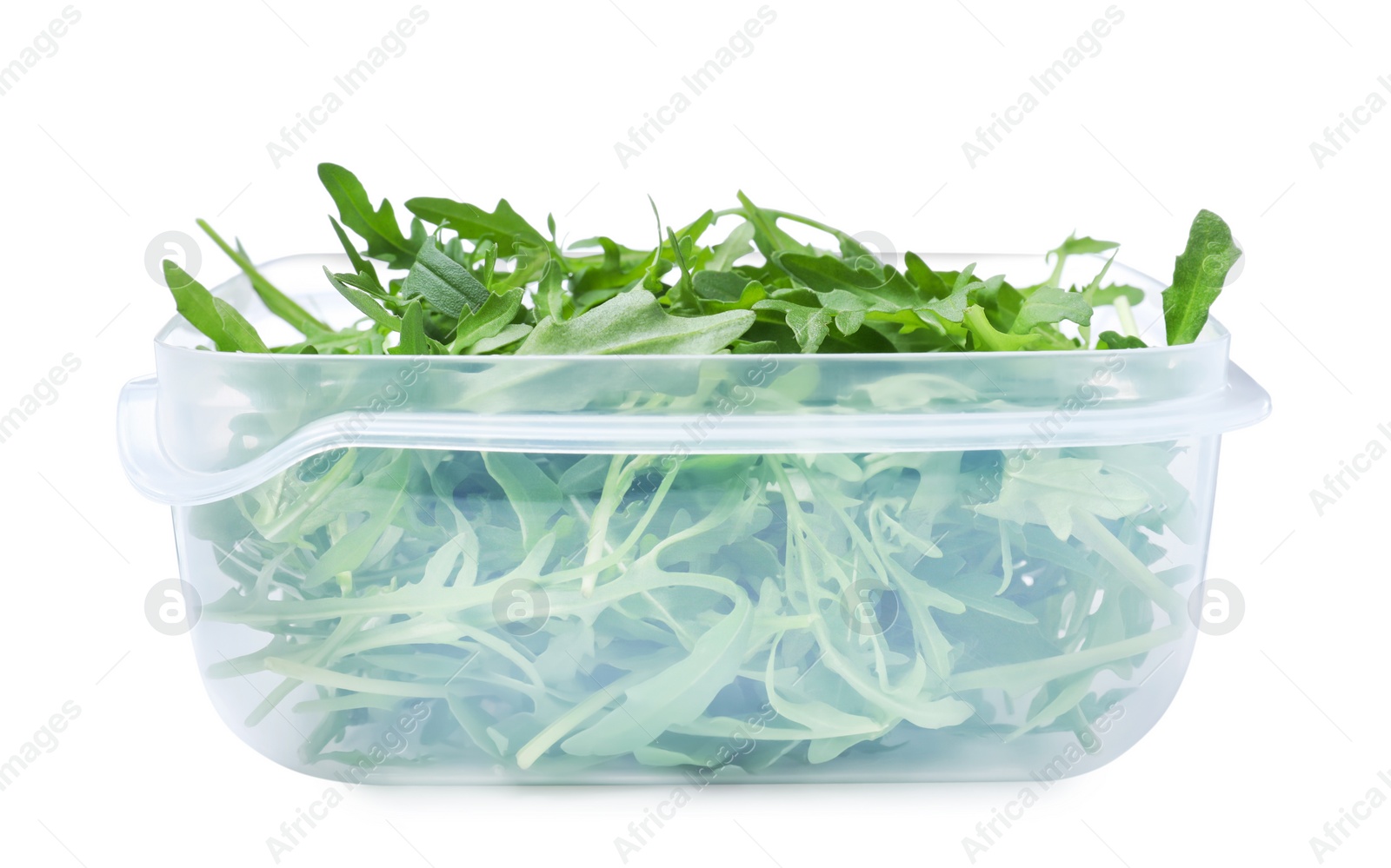 Photo of Fresh arugula in plastic container isolated on white