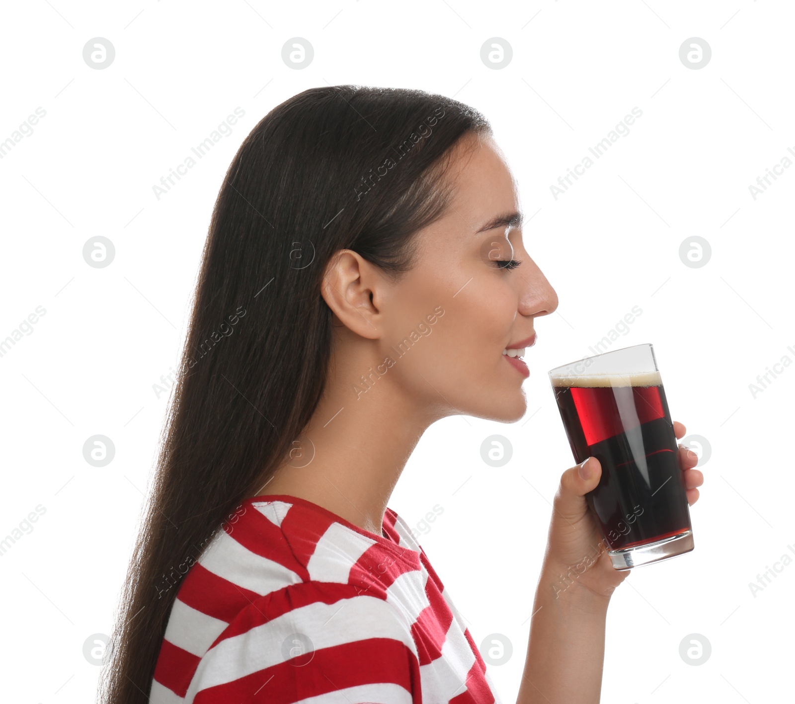 Photo of Beautiful woman with cold kvass on white background. Traditional Russian summer drink